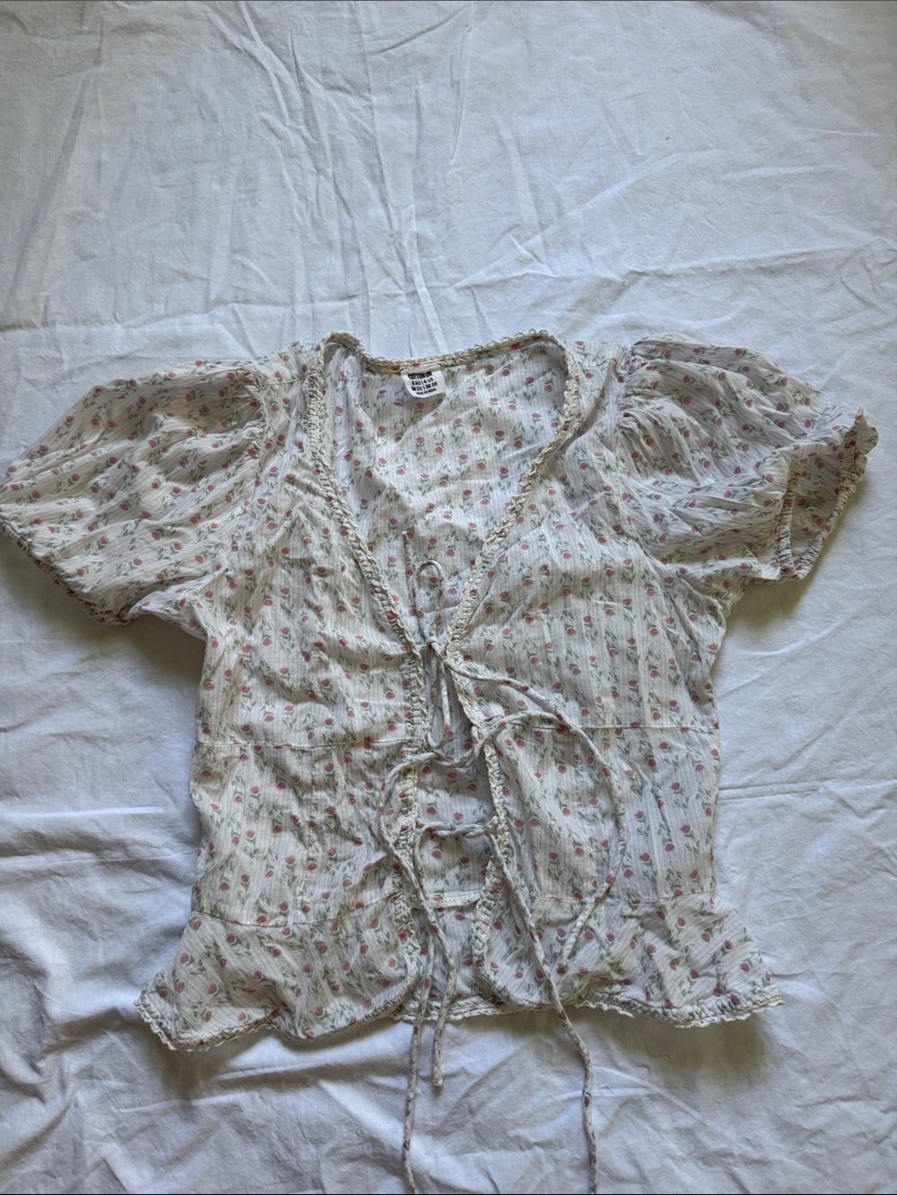 Floral Tie-Front Women’s Top - White with Pink Rose Print